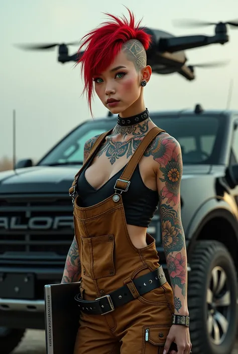 A young cyberpunk Asian elf female with green eyes and red, shaved, pixie hair. She is wearing brown, leather overalls and she is covered in yakuza tattoos on her body. There is a small cybernetic implant in the left side of her skull. She is holding a lap...