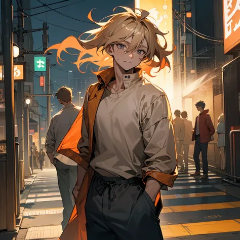 1male, young adult, tan skin, finely detailed grey eyes, messy medium hair, strawberry blonde ombre hair color, fitted boomer jacket, designer shirt, baggy pants, standing on street, night time, tokyo streets, excited expression, muscular