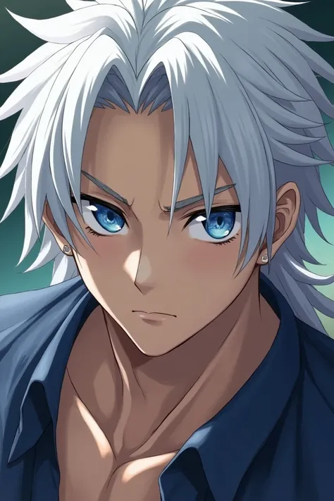 A young and Japanese man, with blue eyes, light skin,  long white hair,  serious expression ,  Muscular body, attractive 