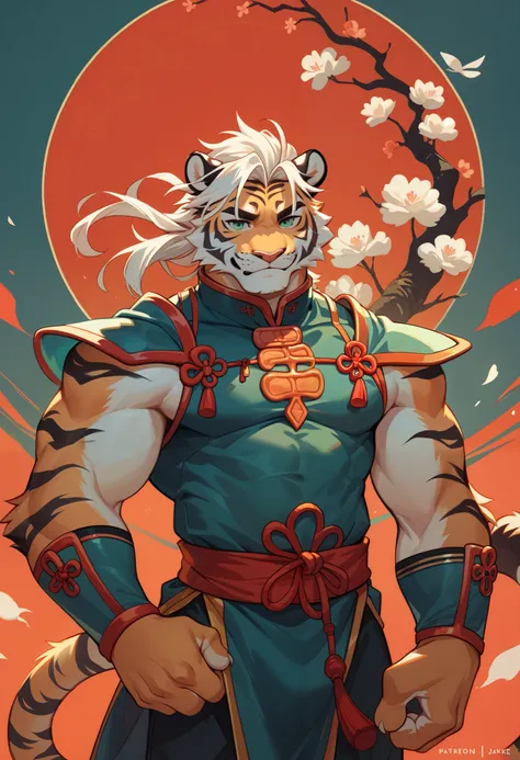 solo, furry male, tiger, jade tiger, white hair, chinese armor