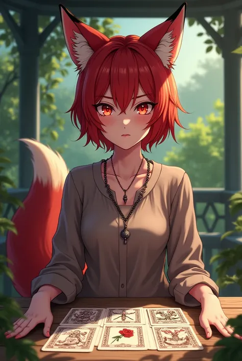 the adult prisoner fox women, red short hairstyle, red fox ears, red fox tail, red eyes color, She is reading tarot cards on the table, in the gazebo prison backyard,  daytime, anime style