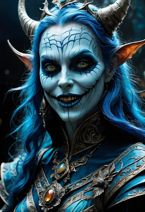 A surge of art, deep blue ink art, Detailed painting, charming sweet woman, with blue hair, crazy evil smile, Dark Fantasy, surrealistic atmosphere, Luminous, UHD, dark vivid colors, In the style of horror fantasy, magic, Digital illustration, luminism, ri...