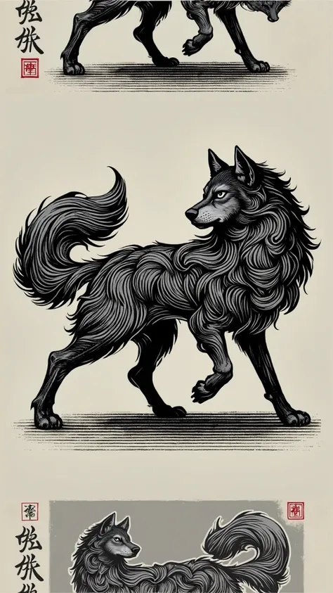 A tattoo on paper of a black wolf running 