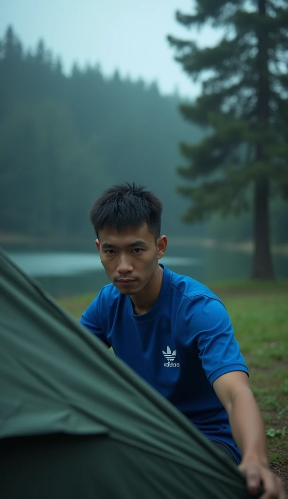 Close-up of a 20-year-old Vietnamese man, wearing a blue short-sleeved shirt with the adidas logo, setting up a tent on an empty lot in front of a large lake, surrounded by a forest with many trees, his face focused on setting up the tent, the scene is glo...