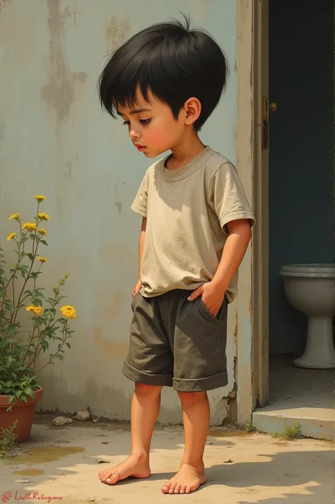 A boy urinates standing up