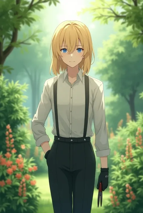 Talll gentle anime man with blonde hair and blue eyes make him look like a oc gardener from black butler 