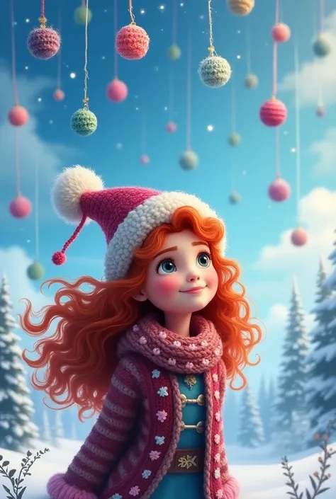 One of the curly and long red haired haired haired girl with a Noel hat on her head with several crochet balls falling into the sky in an adventure from the Disney movie Frozen