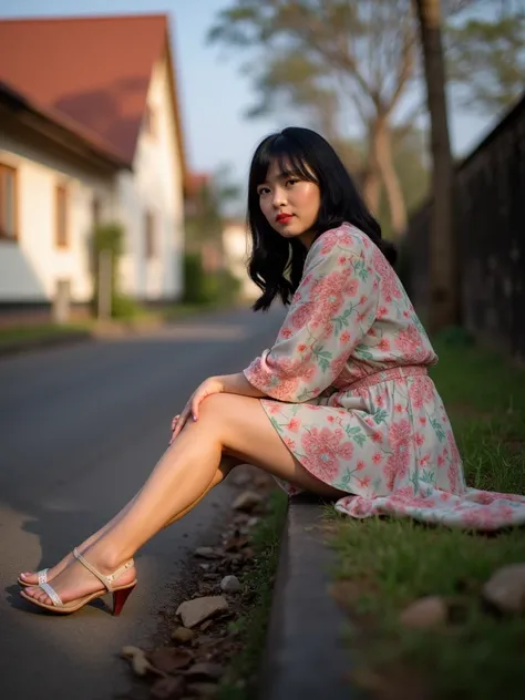  amazing professional potografy showing an indonesian woman, beautiful shoulder-length black hair  , fat body,  wearing elegant color clothes ,  sitting on the side of the asphalt road 