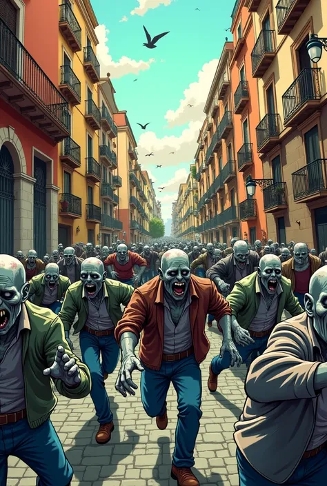 Apocalyptic comic cartoon a horde of zombies running through the streets of realistic Valencia 