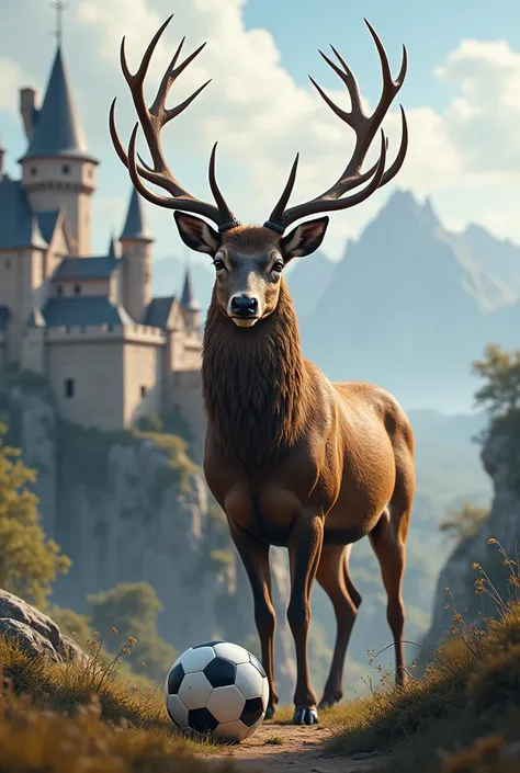 Impressive deer with a medieval castle in the background and a soccer ball in the format .png
