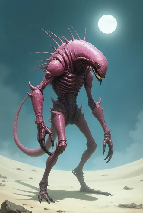 A creature that appears to have armor on its body in a pink hue, with multiple arms. It looks very slender, with sharp teeth and a long tail.


The setting would be a white sand desert in the night with a moon in the background. I would like it to be in a ...