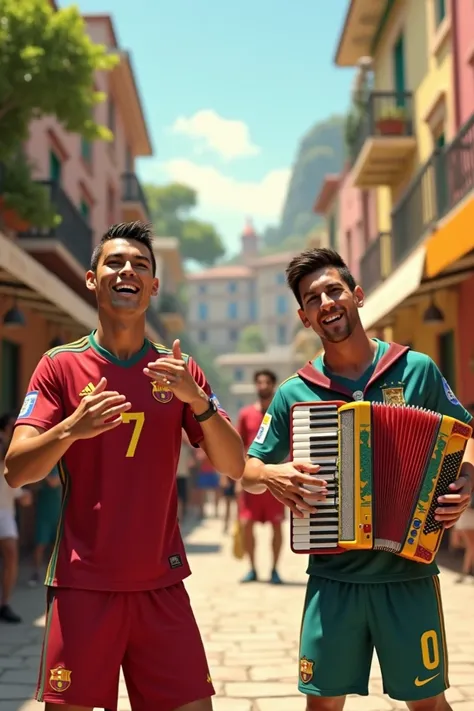 Cristiano Ronaldo singing Vallena and Messi playing accordion 