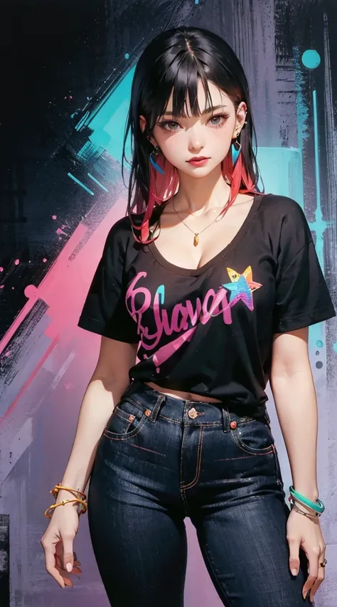 1girl, solo, long hair, breasts, looking at viewer, bangs,vivid color, neon pop art style ,neon lines, cleavage, jewelry, standing, short sleeves, multicolored hair, cowboy shot, earrings, pants, bracelet, gradient, abstract background,  pants, piercing, e...