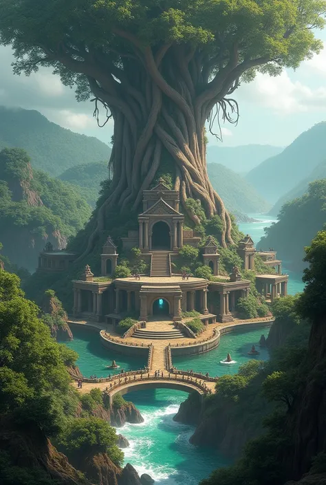  The city must have a huge tree, What is the pillar of magic .
a big castle,  some buildings as if they were the harvest steps of the Incas, and a lot of water ,  rivers and trees especially trees  