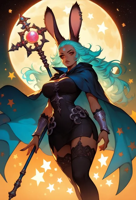 score_9, score_8_up, score_7_up, ff12fran, viera, rabbit ears, dark skin, cyan hair, long hair, large breasts, cloak, bracers, legwear, staff in one hand, magical staff, star symbols, gothic moon background