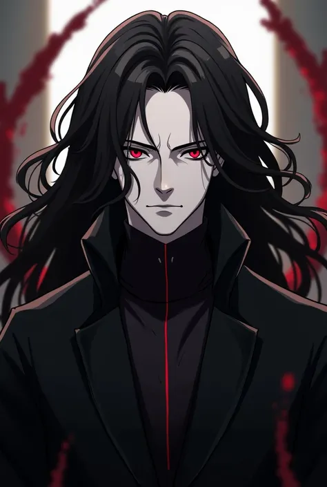 masculine, with long black hair, red eyes ,white pele, black clothes, beautiful,anime, Serious face killer  