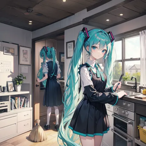  hatsune miku,  long blue hair,  uniform maid , broom in hand , cleaning a house 