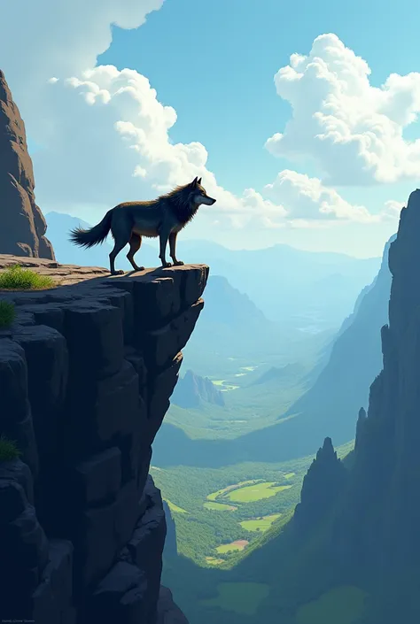 Make a 2D wolf on top of a cliff with a view to the bottom 