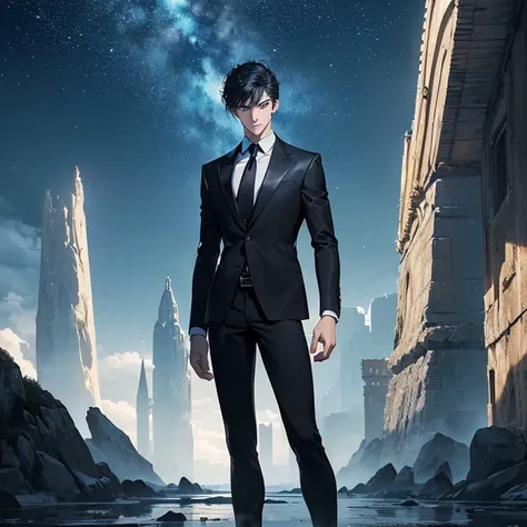 Masterpiece, HD, high resolution, high quality, best quality, super detailed. Solo character alone. Fantasy art.
{{(A 20-years-old male-human king:(appearance: very-pale-skin. Spiky-sharp-very-short-black-hair. Blue-eyes. Proud smiling expression. Slender-...