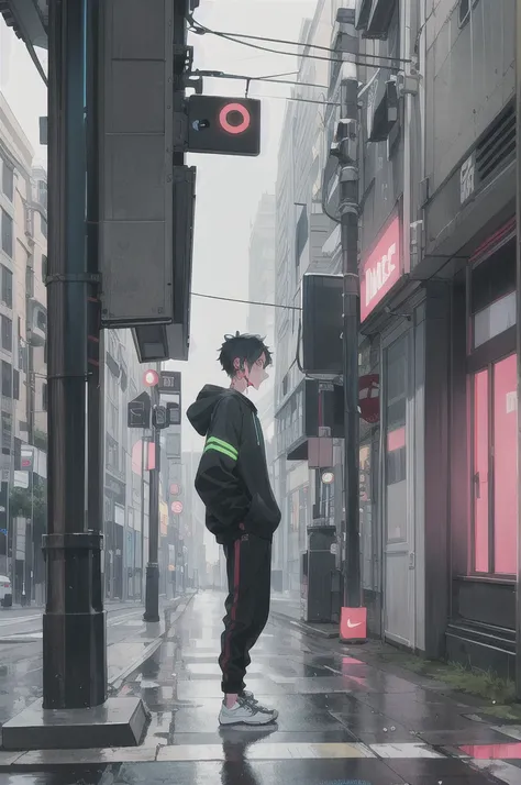 masterpiece,1 man,  best quality , masterpiece,1 ,Alone, Nike sneakers , headphones, rain,neon lights, inexpressive , hood up, hands in pockets, from the side,  body tattoos , emo, Nerd , Cross Earrings, mochila de nerdlooking away,  cityscape , tachi-e, (...