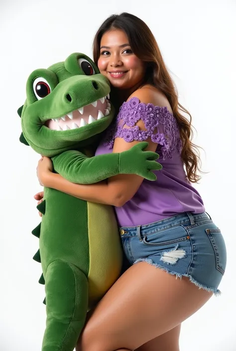  A 30-year-old woman is shapely and her cheeks are chubby .berambuy long . wears a purple top blouse with a combination of flowers and jeans shorts. she leans over hugging a large crocodile doll of green color like the real one .her background is white . T...