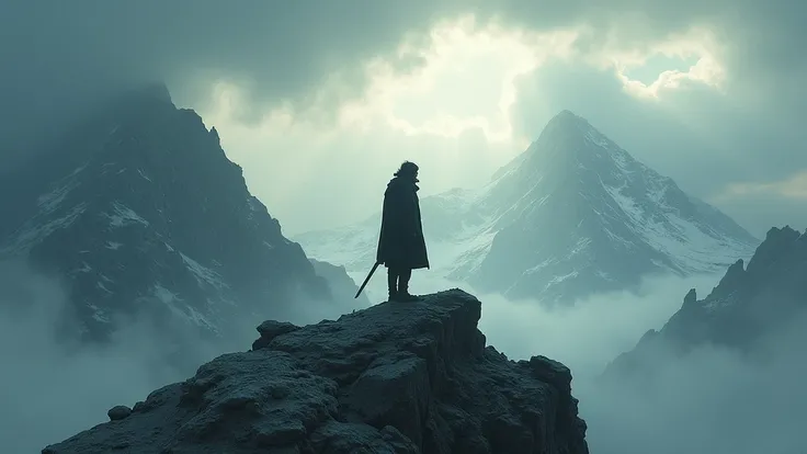 A lone figure standing firm on a mountain peak against strong winds, embodying stoic strength.