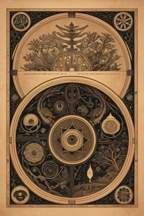  place an eye-shaped object in the center 、 draw intricately intertwined plants and organisms around it。The whole atmosphere is dark、 Mysterious 、 include skeletons and strange creatures 。Place a circular structure at the center 、 engrave ancient character...