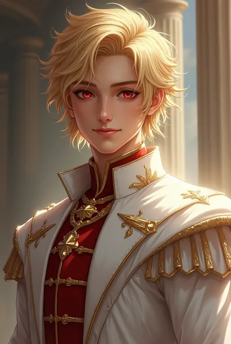 he was tall and strong, his body was full of muscle, blonde hair and red shiny eyes, a crown prince, a warrior, hw always dress in white prince suit, a ssly smile and a cofindent grin, he look sin his early 20s,