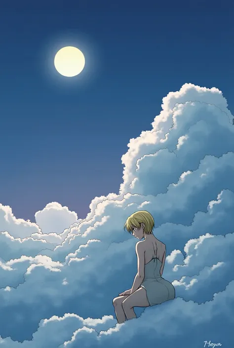 (( best quality )), (( artwork)), (circumstantial), female titan, Blonde hair, short hair, blue eyes, beauty horror, perched on a cloud , (Fantasy Illustration:1.3), charming look, captivating pose, delicate scars, Charm from Another World, mystical sky, (...