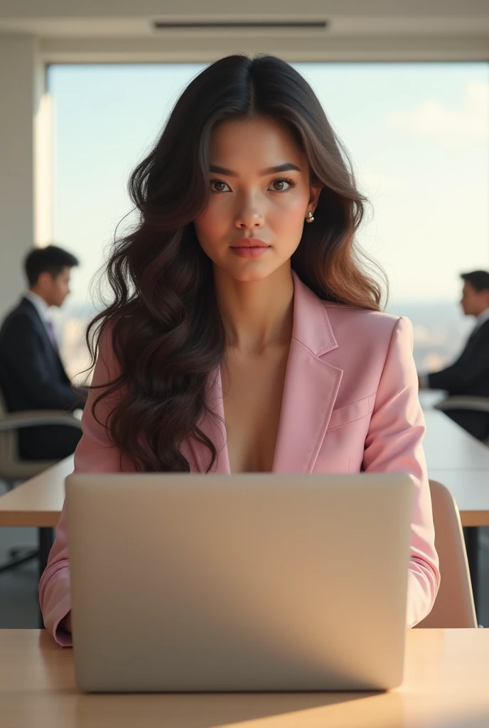 (photorealism:1.2), young woman, wearing pastel pink suit and skirt with white shirt, long curly dark brown hair, her hair is styled neatly, amber eyes, indoors, soft lighting, sitting in a meeting room with other persons, looking at laptop on the table in...