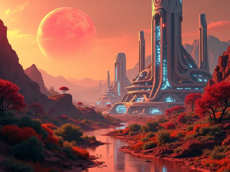 A terraformed view of Mars with luminous cities ,  in the geometric futuristic style inspired by Kandinsky.