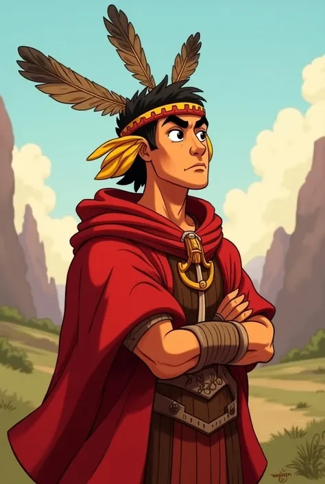 Guerrero Ollanta cartoon from the work Ollantay Peruvian with red cloak and brown headband with two feathers on his forehead with yellow earflaps looking at the horizon
