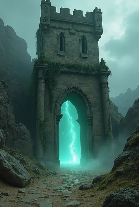 Create an entrance to a crumbling tower where a glow comes out from an unknown source 