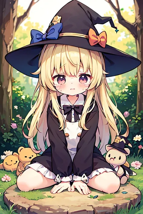 a cartoon of three sad looking three stuffed animals in a nest together,crying, hat, bow, witch hat, yukkuri shiteitte ne, no humans, hair bow, tears, blonde hair, brown hair