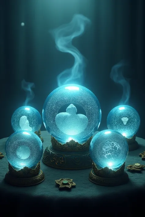 Six crystal balls displaying visions of J.P. Morgans six predictions for the cryptocurrency market under a Trump presidency. Style: mystical, mysterious, intriguing