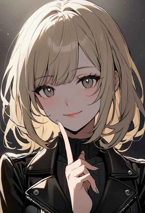 A blonde woman, expressive eyes. Shes wearing a black, form-fitting leather jacket/top. Shes subtly smiling and has a finger on her lips, as if in quiet contemplation. Soft lighting and shading create a delicate and inviting atmosphere. The background is a...