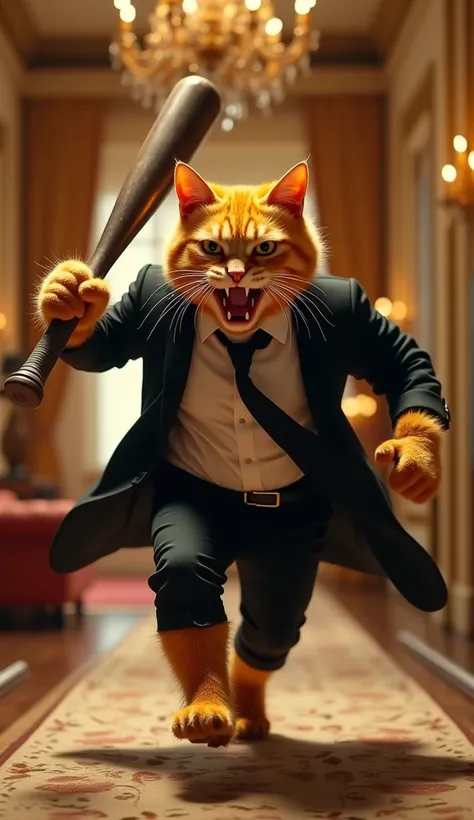 In cinematic 3D style ,HD image, realistic image, colourful image.
Character, big Orange cat wearing black coat and black tie and black pant.
Action,Inside a beautiful house, Big Cat is running with an angry mouth open and a baseball bat in his hand