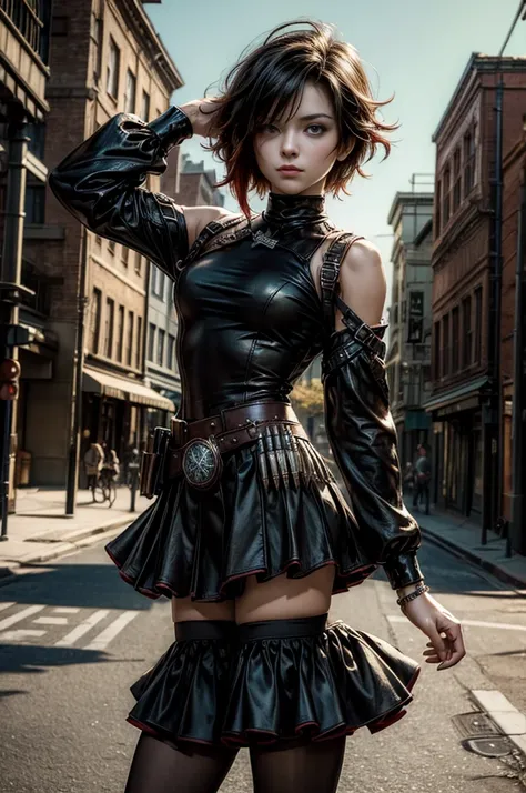 (masterpiece, best quality:1.2), cowboy shot, Alone, dynamic pose, 1girl, ruby rose, looking at viewer, t-shirt, skirt, in steampunk city street、autumn landscape
Focus on people、