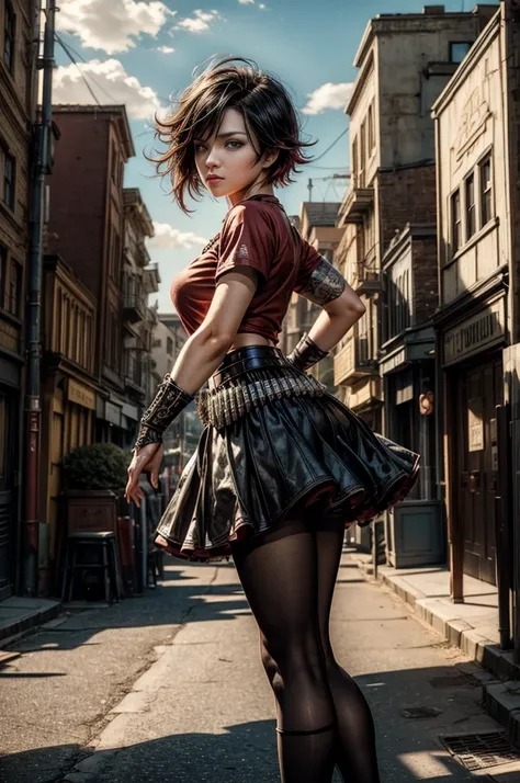 (masterpiece, best quality:1.2), cowboy shot, Alone, dynamic pose, 1girl, ruby rose, looking at viewer, t-shirt, skirt, in steampunk city street、autumn landscape
Focus on people、