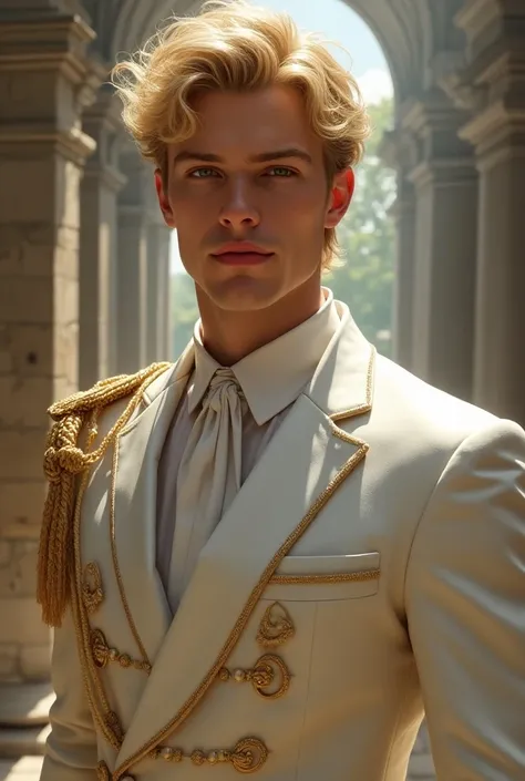 he was tall and strong, his body was full of muscle, blonde hair and red shiny eyes, a crown prince, a warrior, hw always dress in white prince suit, a ssly smile and a cofindent grin, he look sin his mid 20s, and he is always looking at her 