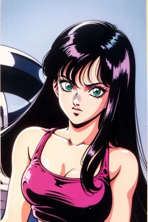 1990s (style), 1980s (style), retro artstyle, a girl, long black hair, green eyes, wavy hair, biker clothes,  cyberpunk, 2077, best quality, masterpiece.