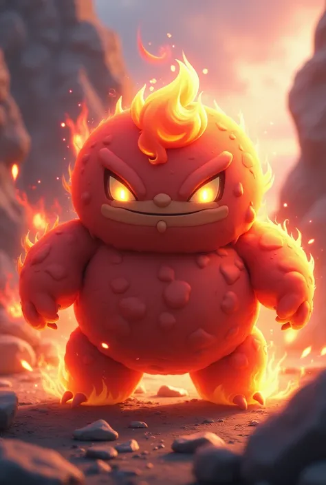 Pokemon, 3d anime, baby golem bear, red skin, fire and rock type, golem body, flaming body