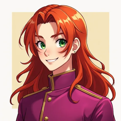 Long Hair, Red Hair, Male, Pale,
Smile, Simple background, Magenta uniform, Character Design, 