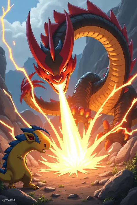 A red and yellow and black dragon-type Pokémon throws an ultralaser into the face of a Ramolosse