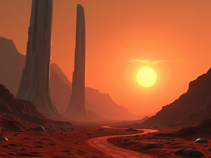 An alien sunset over Mars , s hyper-realistic style with technological towers reflecting the Suns glare,  in Gregory Crewdson .