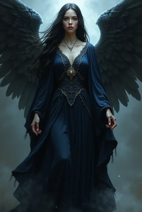  Show me what the human physical form of the angel of death with a face and clothes would look like,  in the form of biblical-looking women, more mystical  
