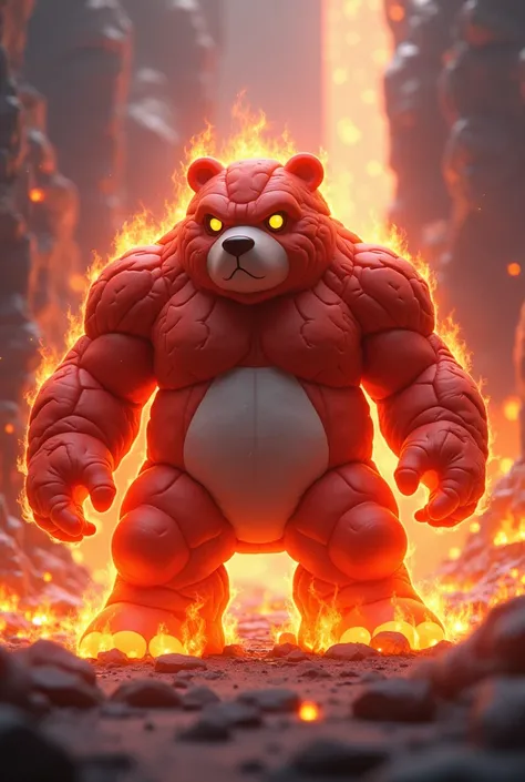 Pokemon, 3d anime, young bear golem, red skin, fire and rock type, golem body, flaming body