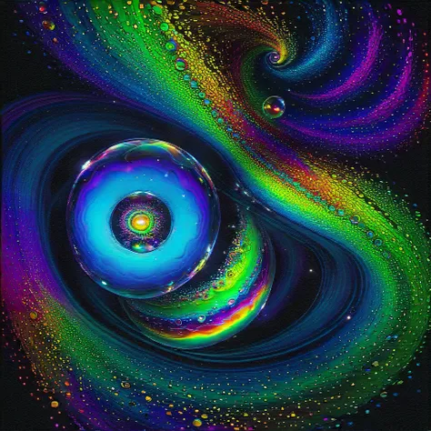 A psychedelic dream, vibrant colors shimmering, glass morphing from colors, intricate rainbow patterns, perfectly formed symmetrical spheres and glowing reflective bubbles, attention to detail on the bubbles and spheres, rainbows of color twisted in and ou...