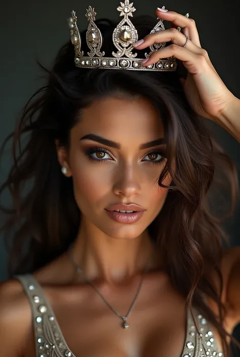 Photoshoot close up miss Universe. Fierce face, evil smirk, touch crown on her head. Her hair fly. 