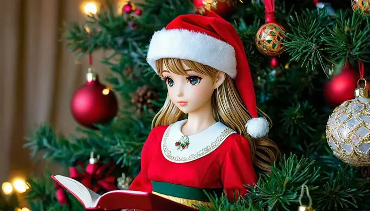 ((Ornaments)) on a Christmas tree that has the perfect shape of a cute Afrikaan anime girl dress dressed in Santa clothes.reading the Christmas novena  , Photo: Reliasta 8k ,  face (high detail) 